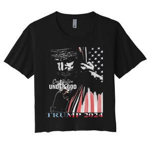 One Nation Under God Trump 2024 God American Flag Women's Crop Top Tee