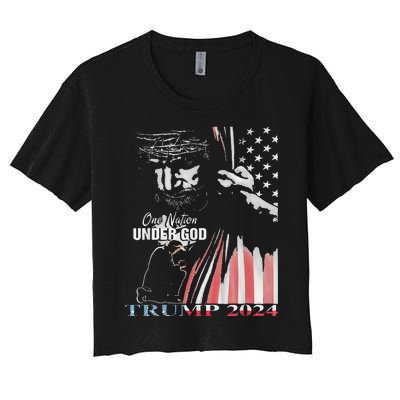 One Nation Under God Trump 2024 God American Flag Women's Crop Top Tee