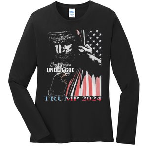 One Nation Under God Trump 2024 God American Flag Ladies Long Sleeve Shirt