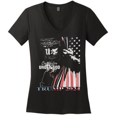 One Nation Under God Trump 2024 God American Flag Women's V-Neck T-Shirt