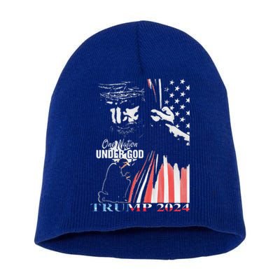 One Nation Under God Trump 2024 God American Flag Short Acrylic Beanie