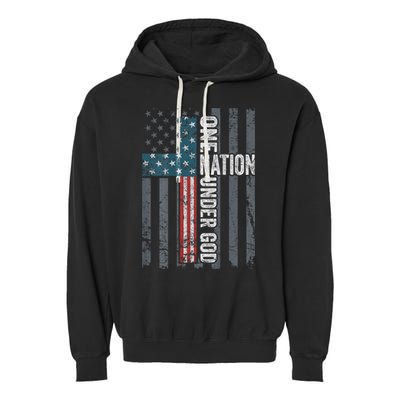ONE NATION UNDER GOD USA Cross Flag Christian ON BACK Garment-Dyed Fleece Hoodie