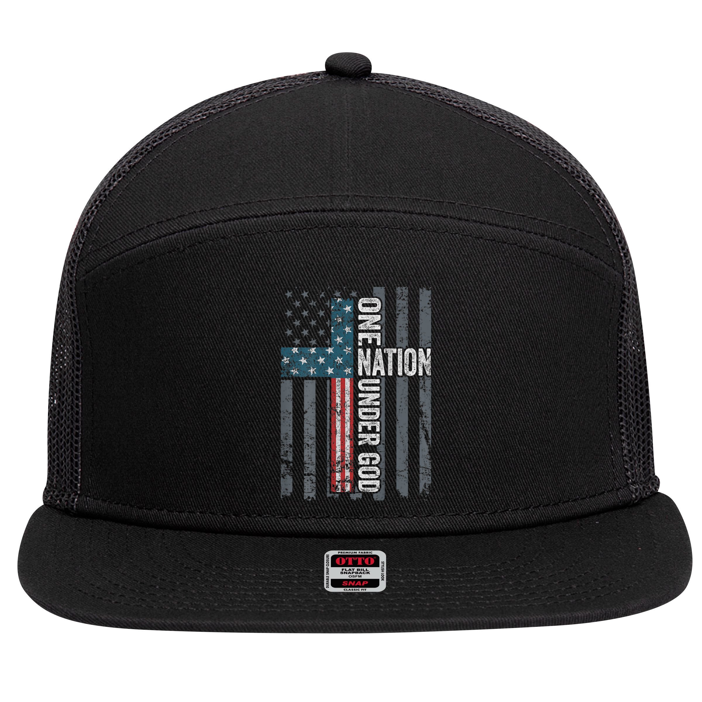ONE NATION UNDER GOD USA Cross Flag Christian ON BACK 7 Panel Mesh Trucker Snapback Hat