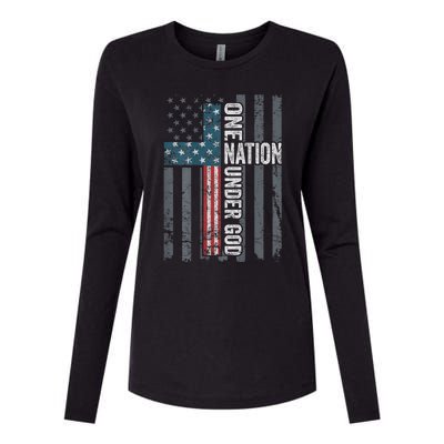 ONE NATION UNDER GOD USA Cross Flag Christian ON BACK Womens Cotton Relaxed Long Sleeve T-Shirt