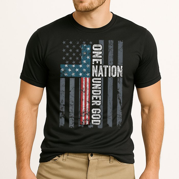 ONE NATION UNDER GOD USA Cross Flag Christian ON BACK Cooling Performance Crew T-Shirt
