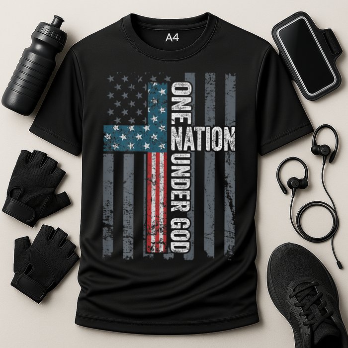 ONE NATION UNDER GOD USA Cross Flag Christian ON BACK Cooling Performance Crew T-Shirt