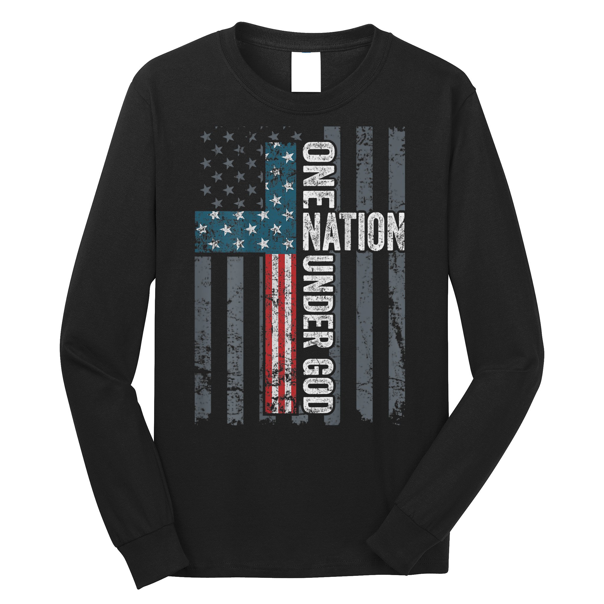 ONE NATION UNDER GOD USA Cross Flag Christian ON BACK Long Sleeve Shirt