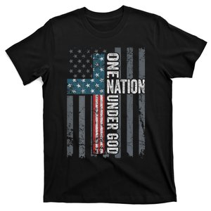 ONE NATION UNDER GOD USA Cross Flag Christian ON BACK T-Shirt