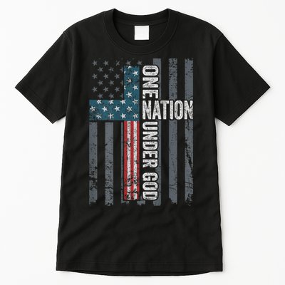 ONE NATION UNDER GOD USA Cross Flag Christian ON BACK Tall T-Shirt