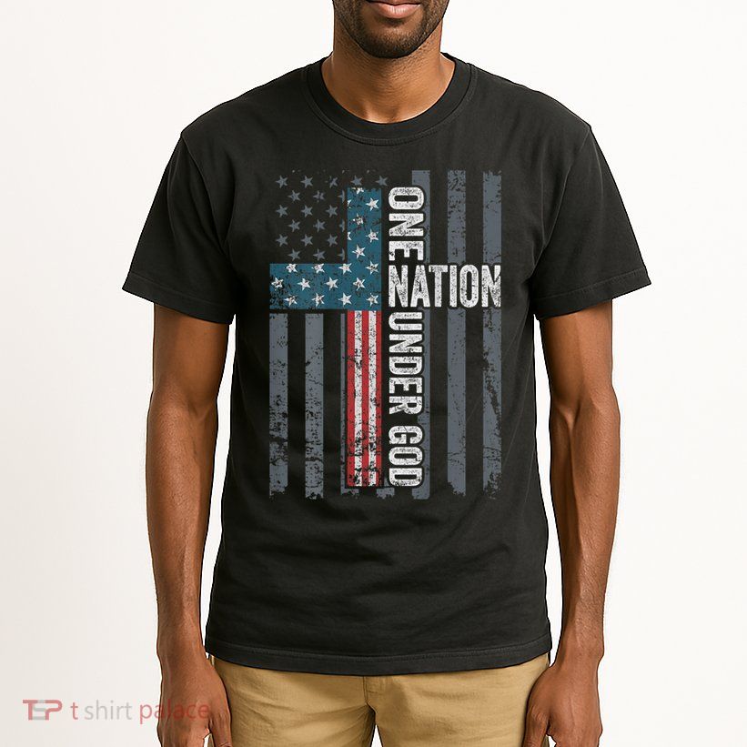 ONE NATION UNDER GOD USA Cross Flag Christian ON BACK Tall T-Shirt