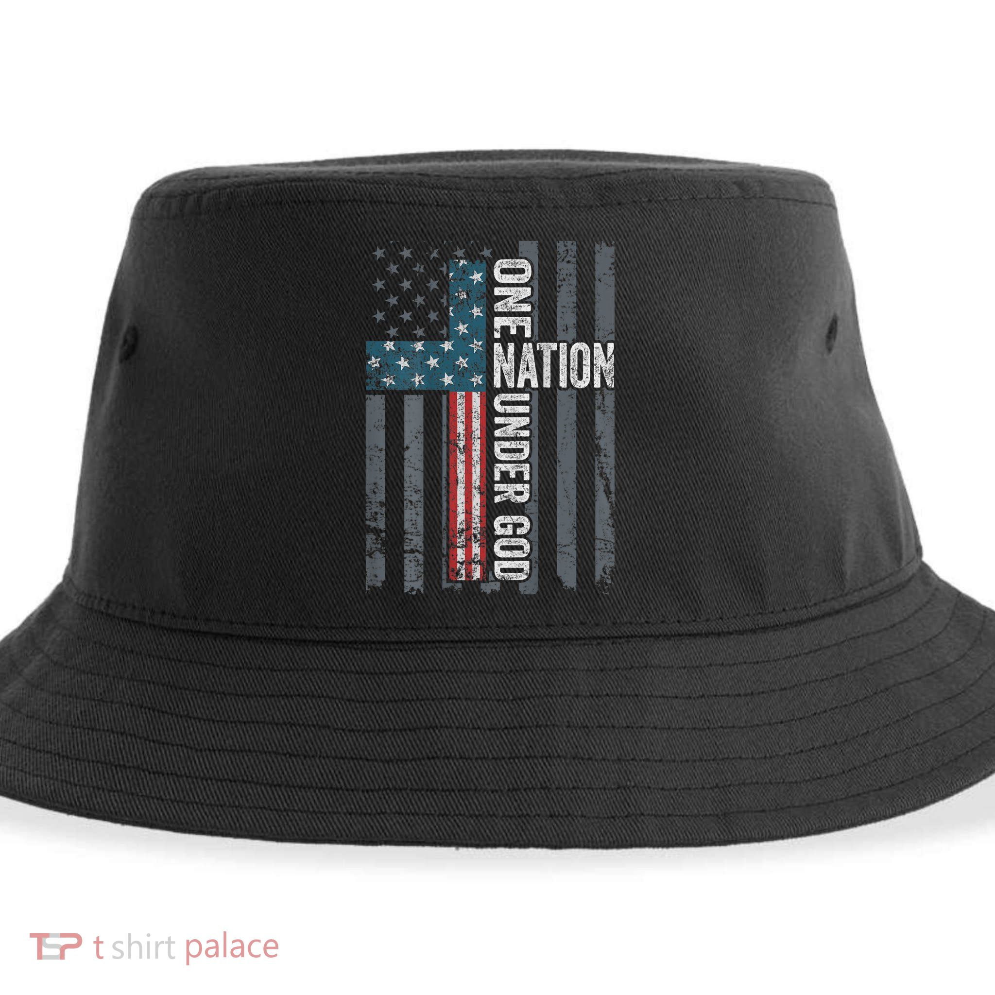 ONE NATION UNDER GOD USA Cross Flag Christian ON BACK Sustainable Bucket Hat