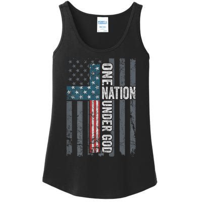 ONE NATION UNDER GOD USA Cross Flag Christian ON BACK Ladies Essential Tank