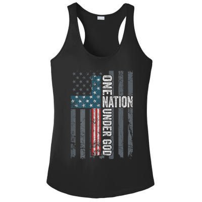 ONE NATION UNDER GOD USA Cross Flag Christian ON BACK Ladies PosiCharge Competitor Racerback Tank