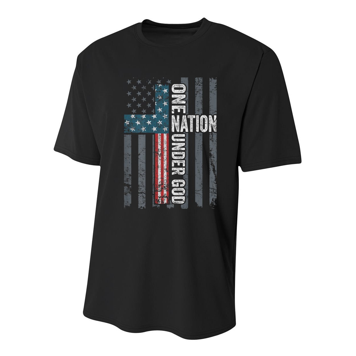 ONE NATION UNDER GOD USA Cross Flag Christian ON BACK Youth Performance Sprint T-Shirt