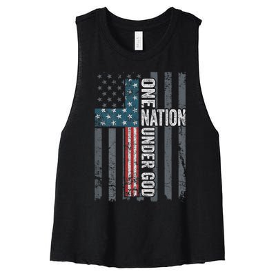 ONE NATION UNDER GOD USA Cross Flag Christian ON BACK Women's Racerback Cropped Tank