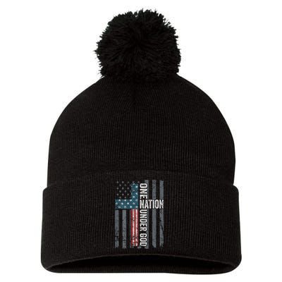 ONE NATION UNDER GOD USA Cross Flag Christian ON BACK Pom Pom 12in Knit Beanie