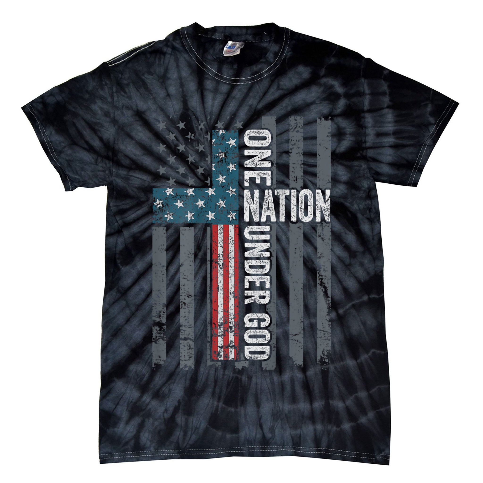 ONE NATION UNDER GOD USA Cross Flag Christian ON BACK Tie-Dye T-Shirt