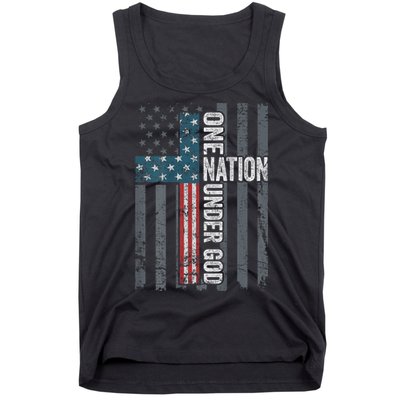 ONE NATION UNDER GOD USA Cross Flag Christian ON BACK Tank Top