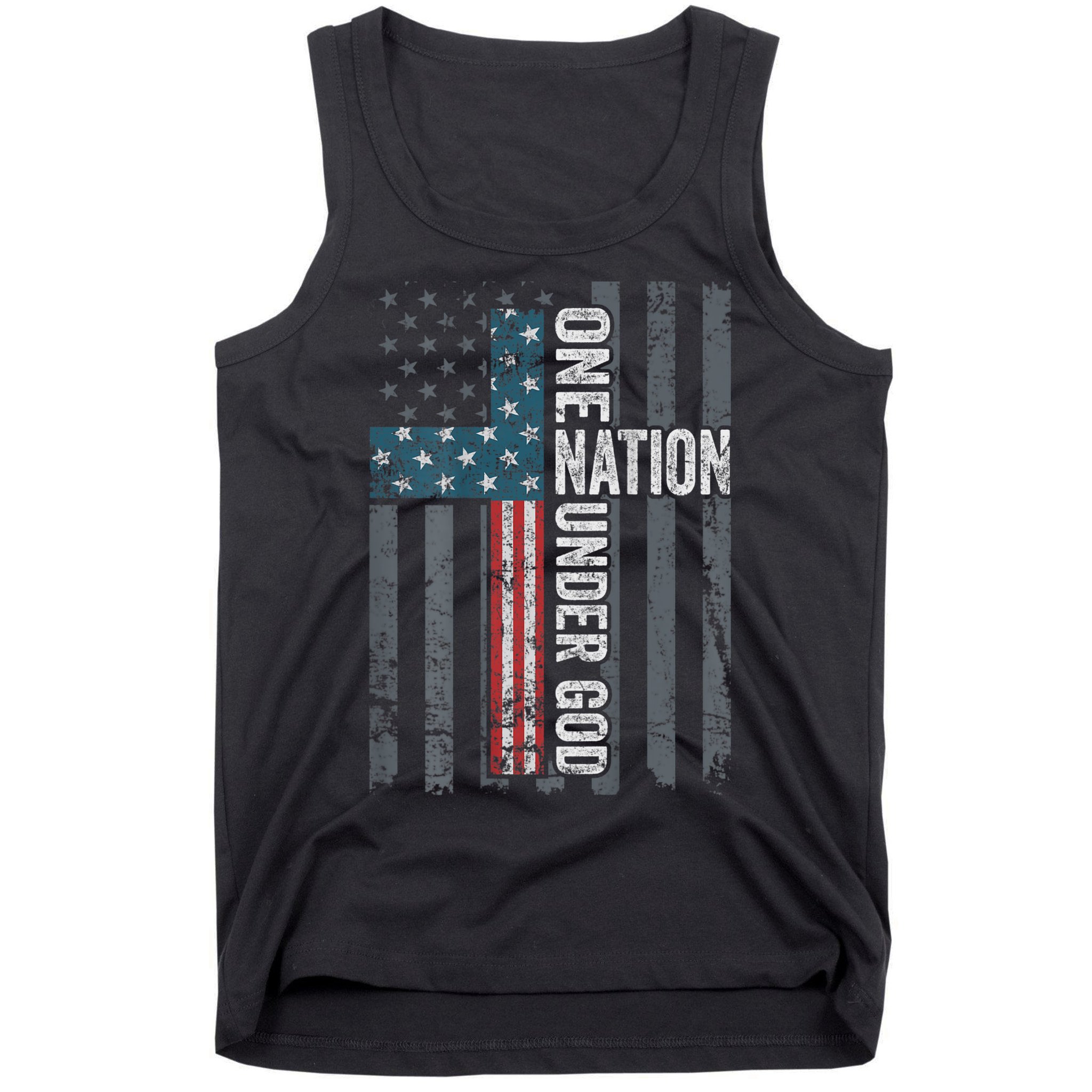 ONE NATION UNDER GOD USA Cross Flag Christian ON BACK Tank Top