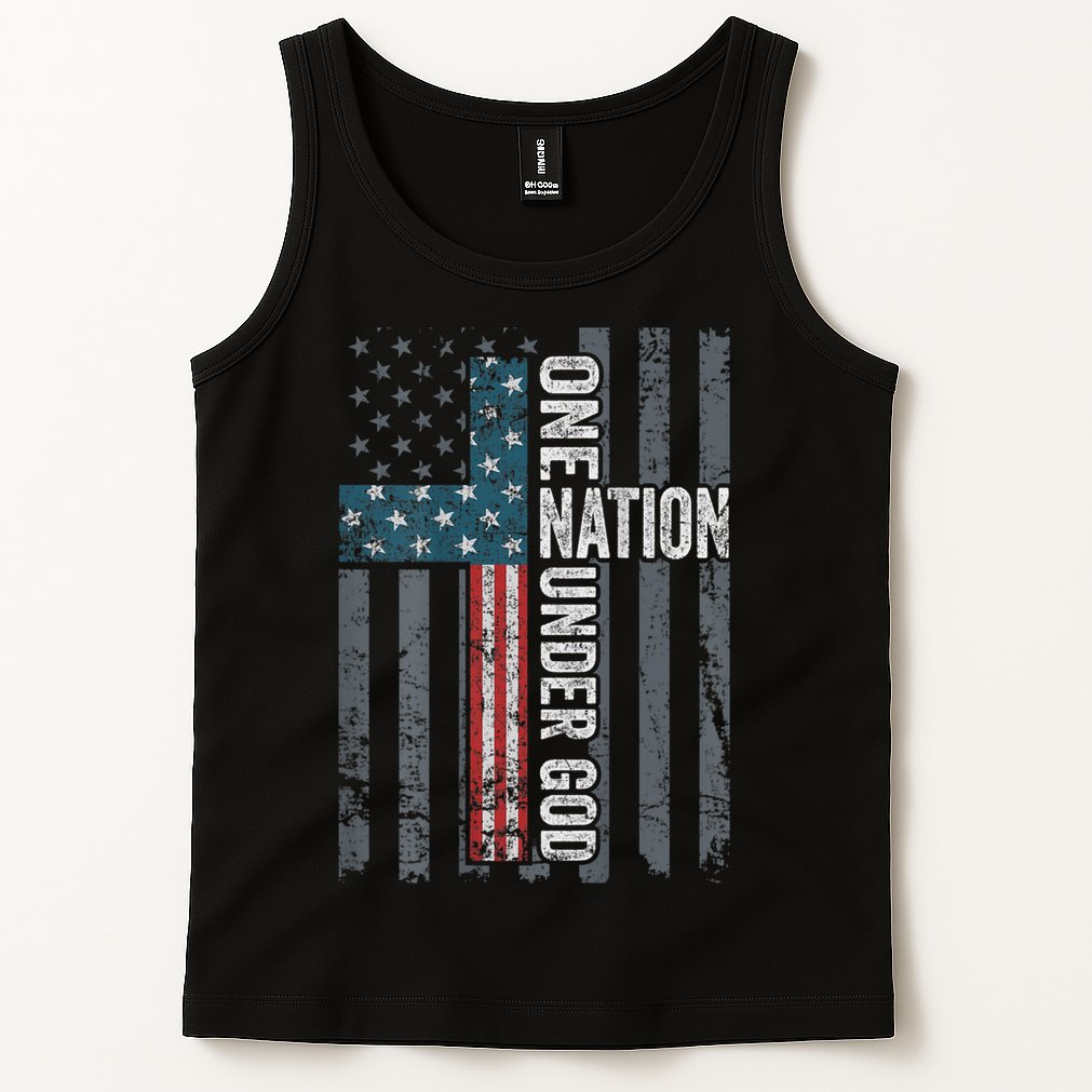 ONE NATION UNDER GOD USA Cross Flag Christian ON BACK Tank Top