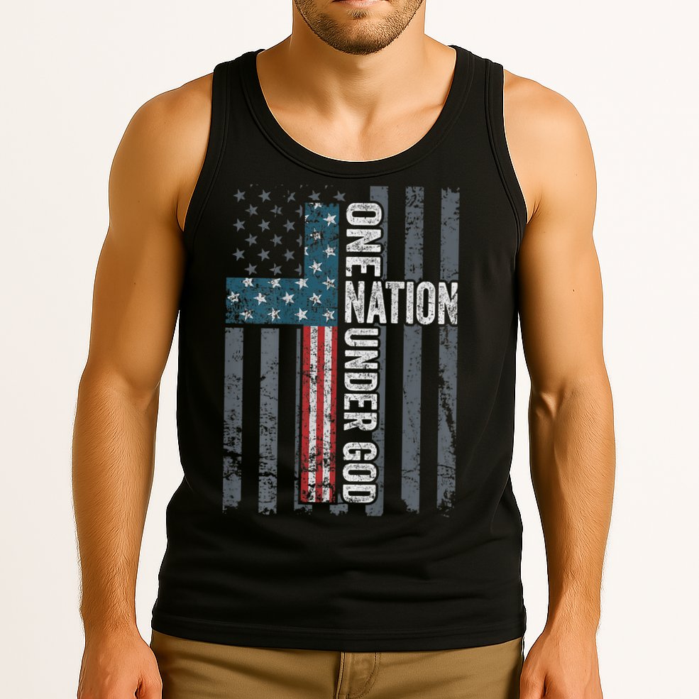 ONE NATION UNDER GOD USA Cross Flag Christian ON BACK Tank Top