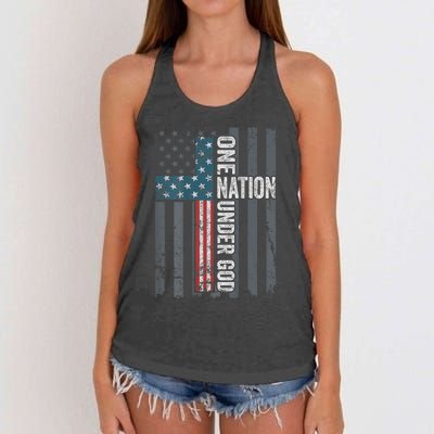 ONE NATION UNDER GOD USA Cross Flag Christian ON BACK Women's Knotted Racerback Tank