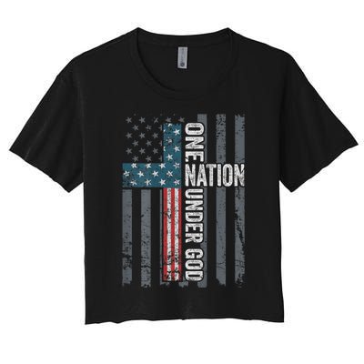 ONE NATION UNDER GOD USA Cross Flag Christian ON BACK Women's Crop Top Tee