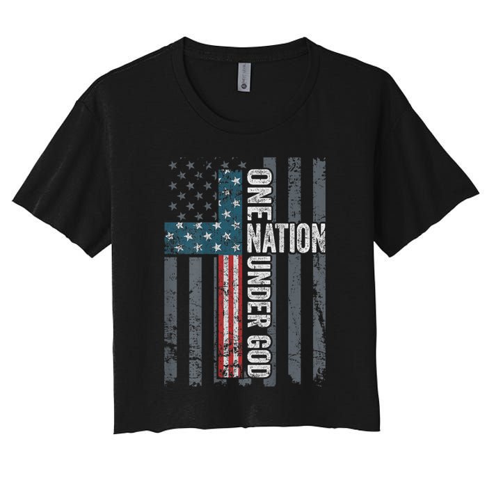ONE NATION UNDER GOD USA Cross Flag Christian ON BACK Women's Crop Top Tee