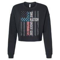 ONE NATION UNDER GOD USA Cross Flag Christian ON BACK Cropped Pullover Crew