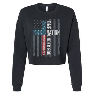 ONE NATION UNDER GOD USA Cross Flag Christian ON BACK Cropped Pullover Crew