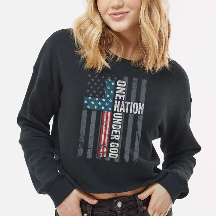 ONE NATION UNDER GOD USA Cross Flag Christian ON BACK Cropped Pullover Crew