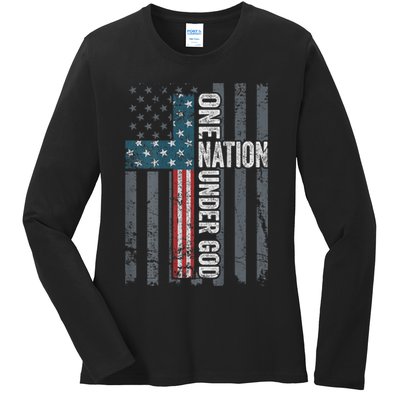 ONE NATION UNDER GOD USA Cross Flag Christian ON BACK Ladies Long Sleeve Shirt