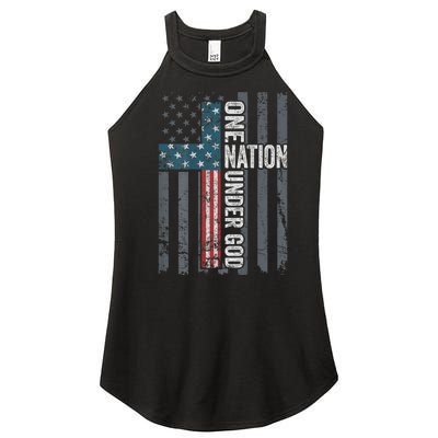 ONE NATION UNDER GOD USA Cross Flag Christian ON BACK Women’s Perfect Tri Rocker Tank