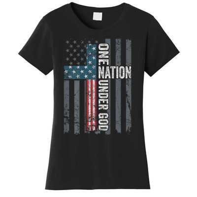 ONE NATION UNDER GOD USA Cross Flag Christian ON BACK Women's T-Shirt