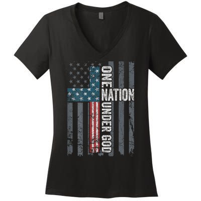 ONE NATION UNDER GOD USA Cross Flag Christian ON BACK Women's V-Neck T-Shirt
