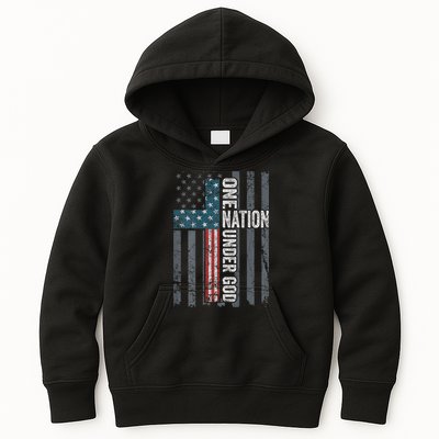 ONE NATION UNDER GOD USA Cross Flag Christian ON BACK Kids Hoodie