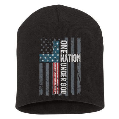 ONE NATION UNDER GOD USA Cross Flag Christian ON BACK Short Acrylic Beanie