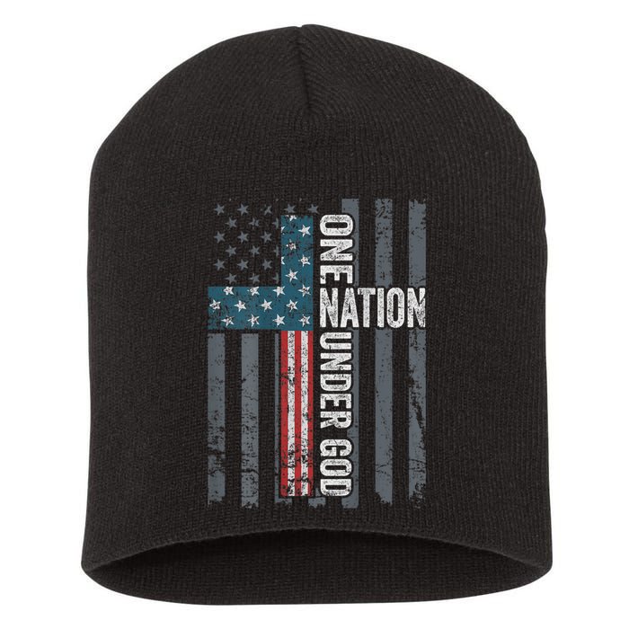 ONE NATION UNDER GOD USA Cross Flag Christian ON BACK Short Acrylic Beanie