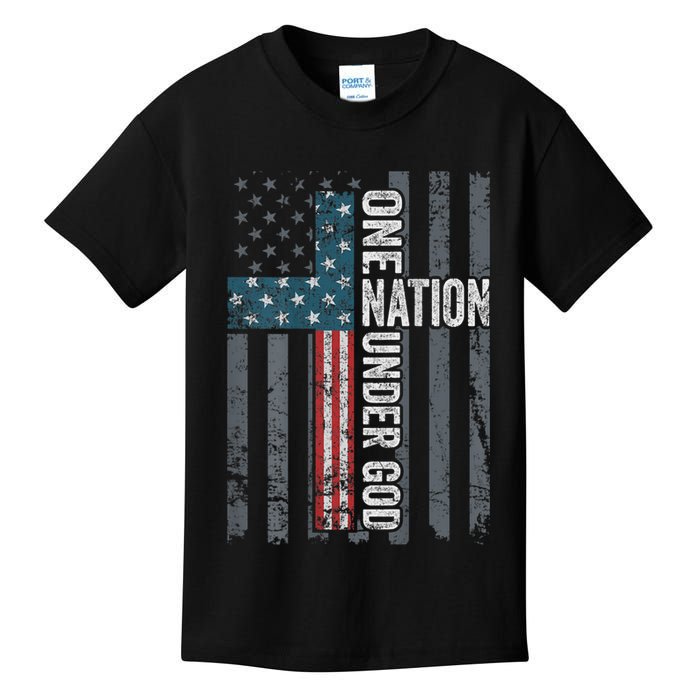 ONE NATION UNDER GOD USA Cross Flag Christian ON BACK Kids T-Shirt