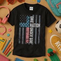 ONE NATION UNDER GOD USA Cross Flag Christian ON BACK Kids T-Shirt