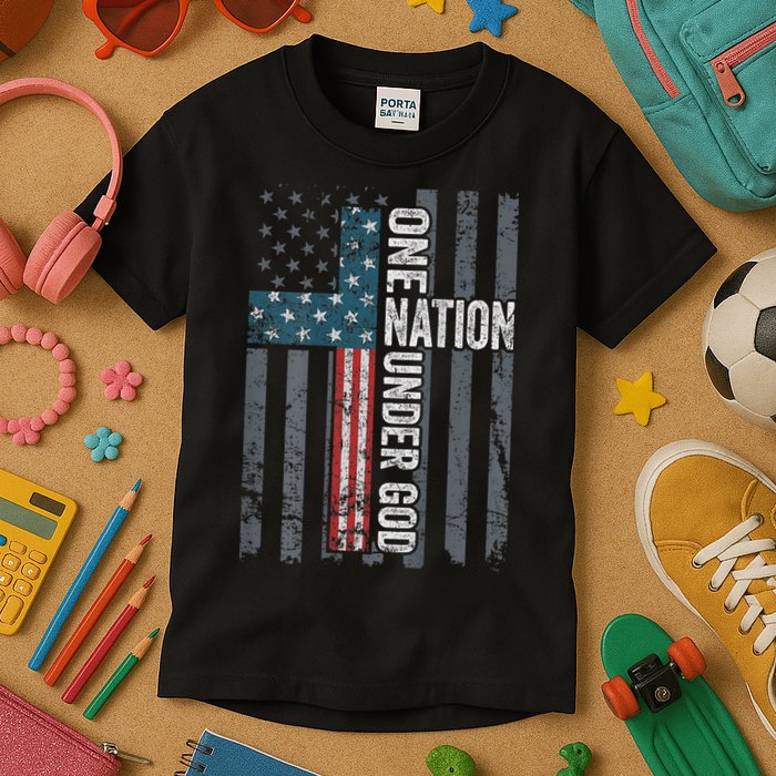 ONE NATION UNDER GOD USA Cross Flag Christian ON BACK Kids T-Shirt