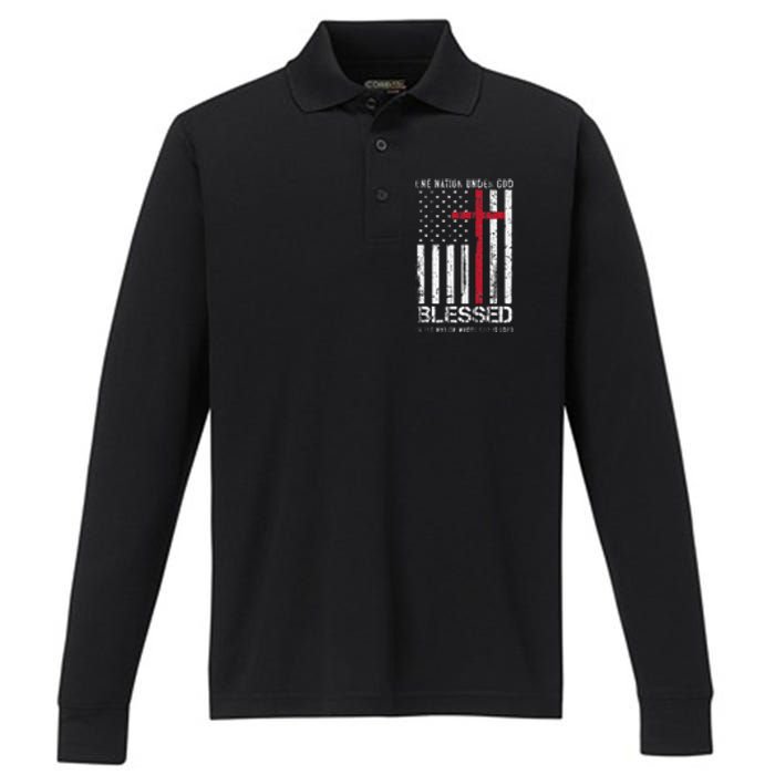 One Nation Under God American Flag Patriotic Christian Performance Long Sleeve Polo