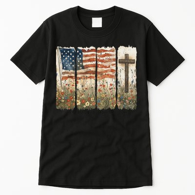 One Nation Under God USA Flag Cross Floral Christian Women Gift Tall T-Shirt