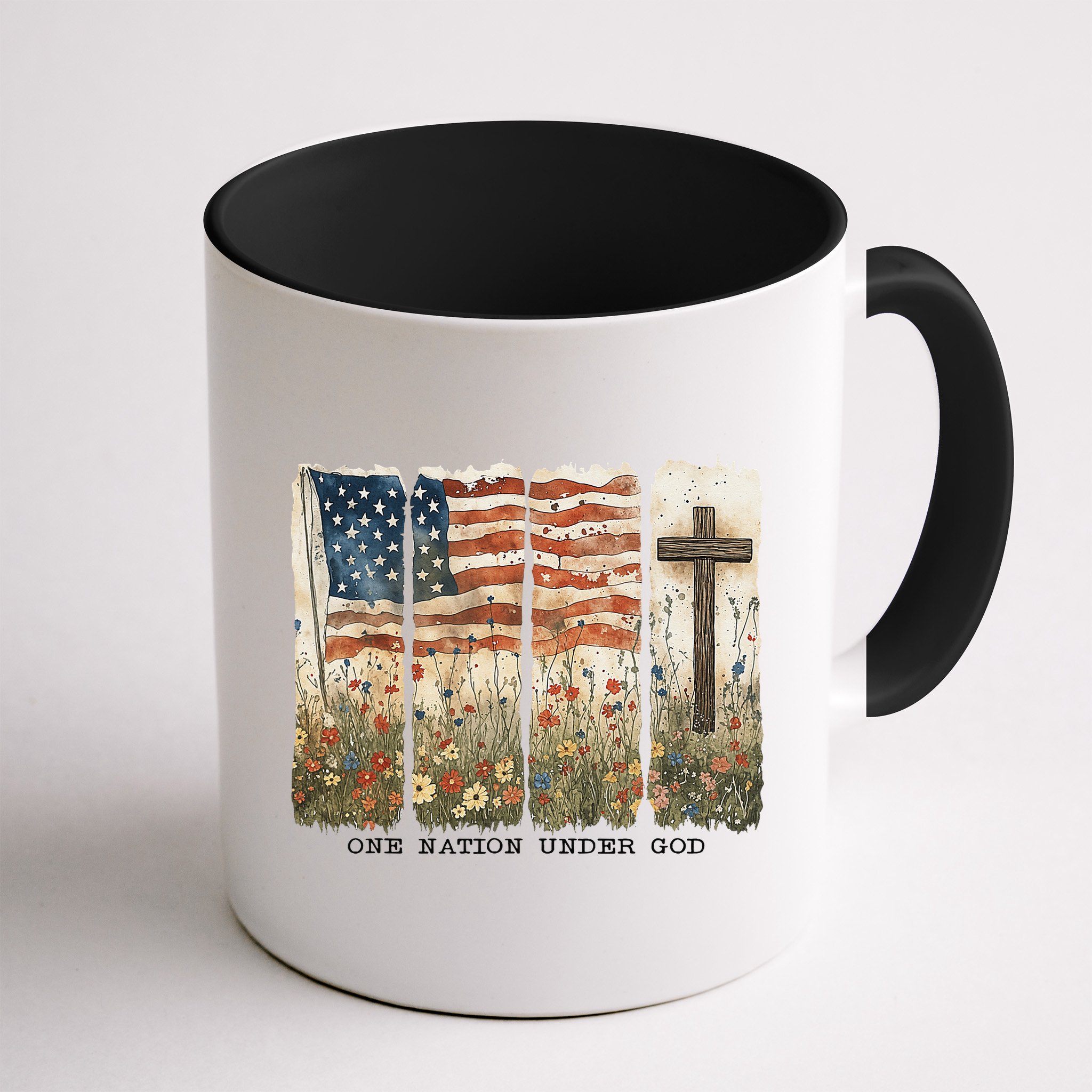 One Nation Under God USA Flag Cross Floral Christian Women Gift Mug