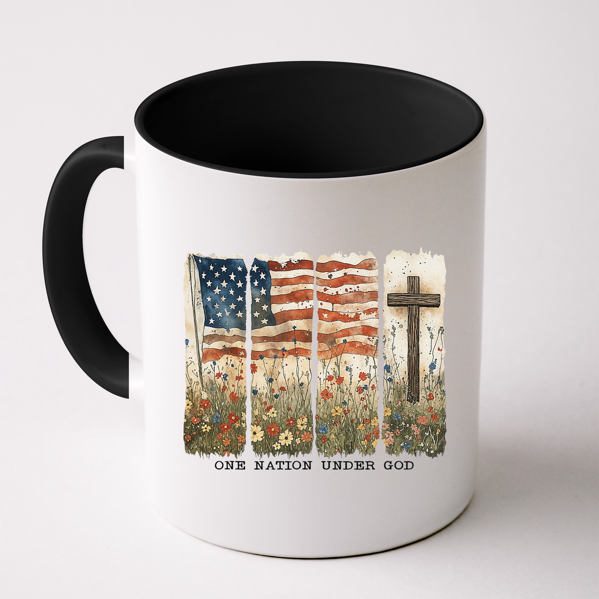 One Nation Under God USA Flag Cross Floral Christian Women Gift Mug