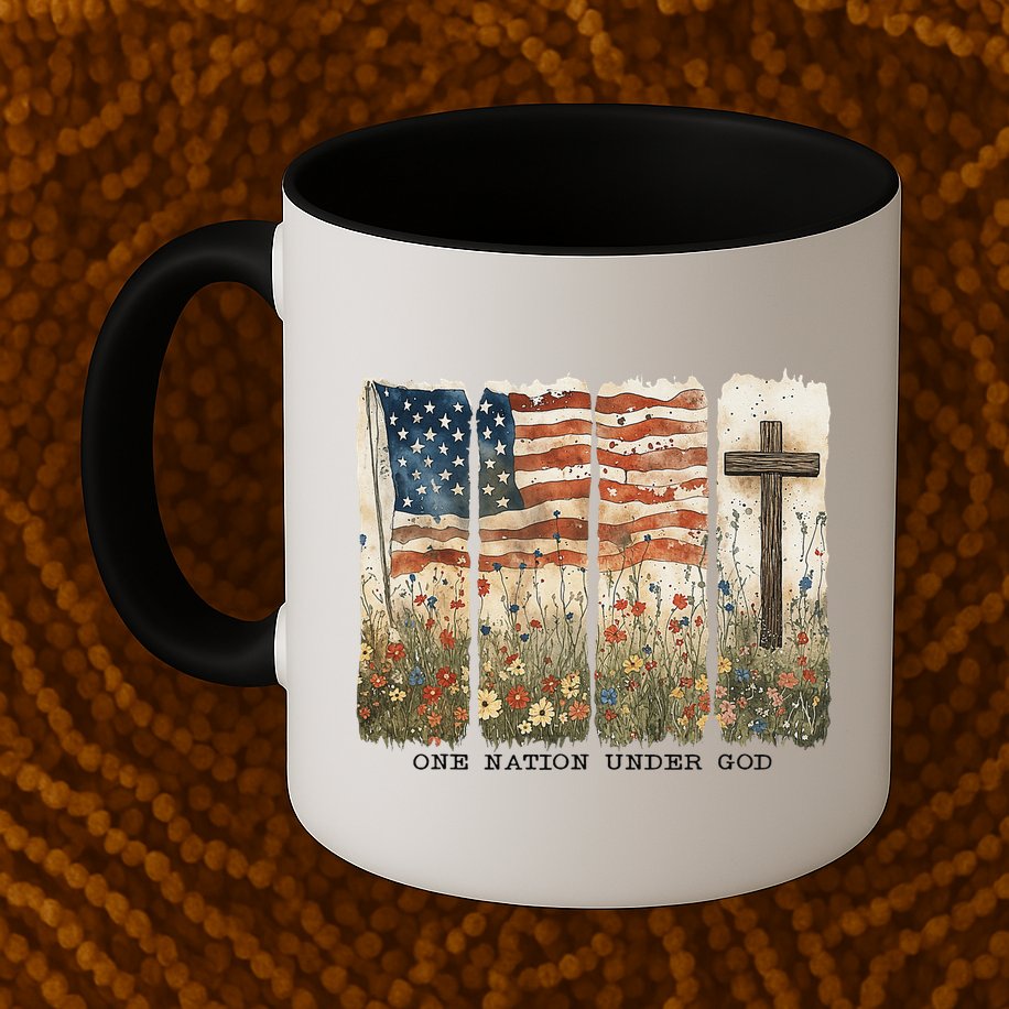 One Nation Under God USA Flag Cross Floral Christian Women Gift Mug