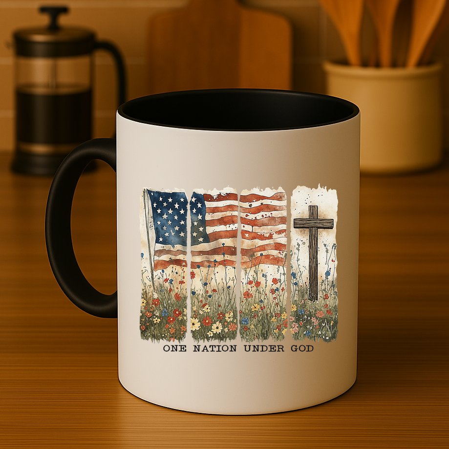 One Nation Under God USA Flag Cross Floral Christian Women Gift Mug
