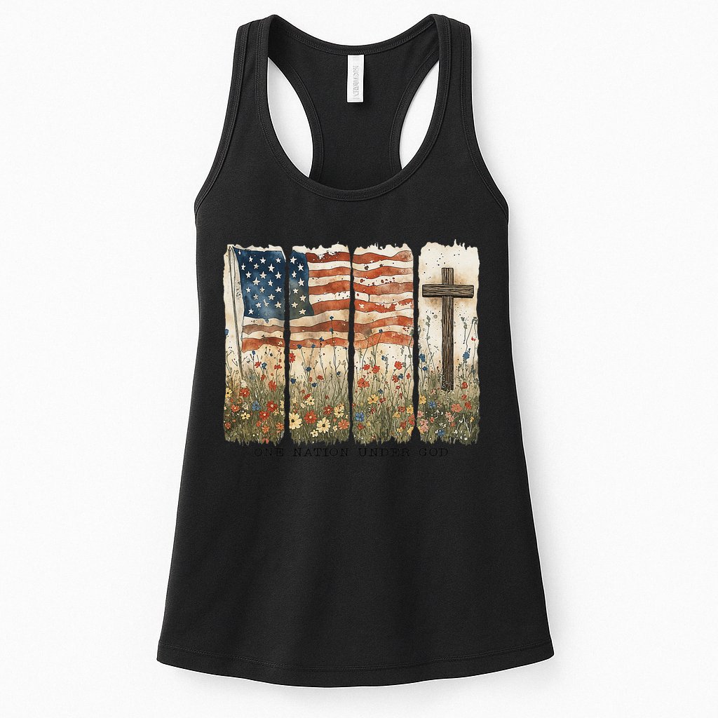 One Nation Under God USA Flag Cross Floral Christian Women Gift Womens Tank Top