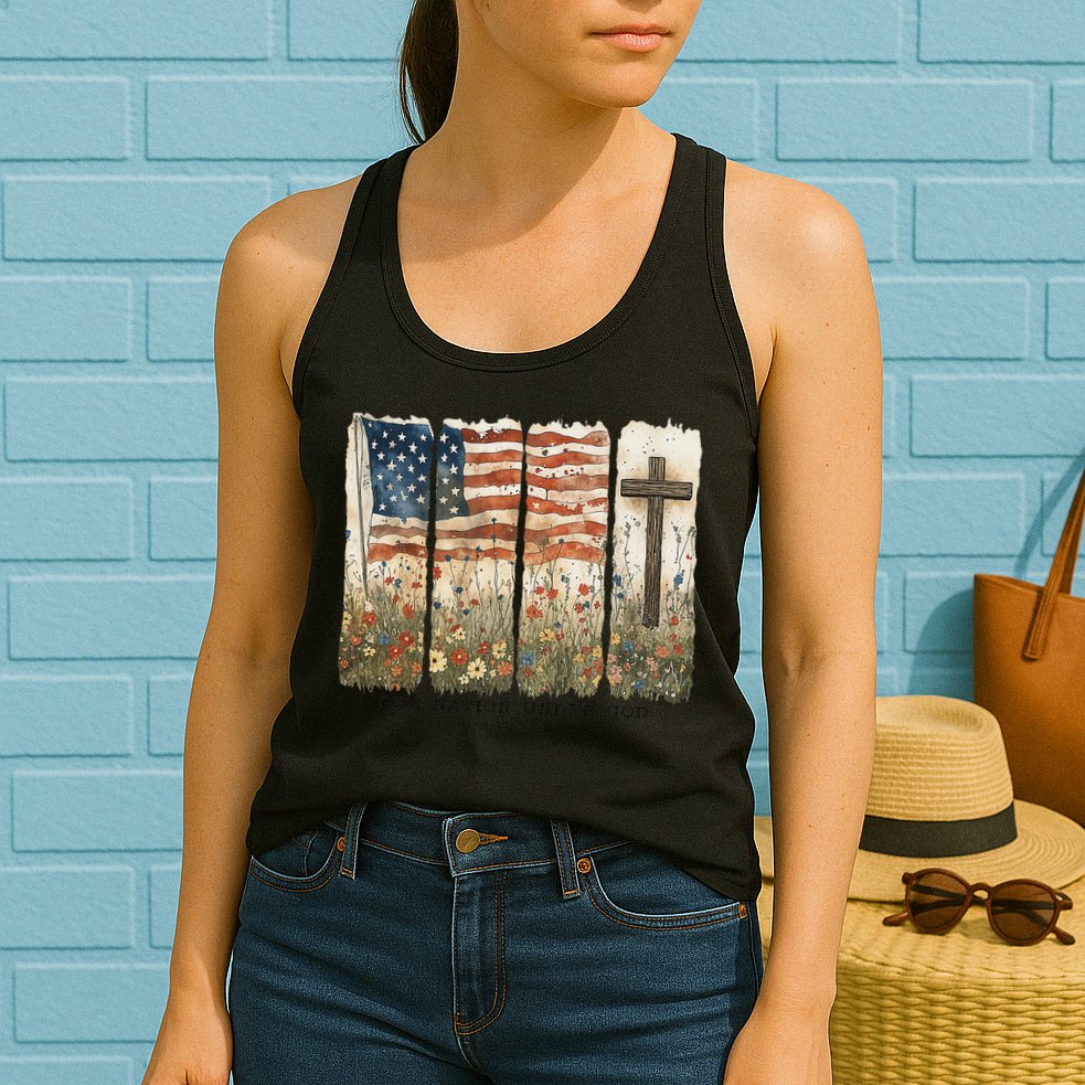 One Nation Under God USA Flag Cross Floral Christian Women Gift Womens Tank Top