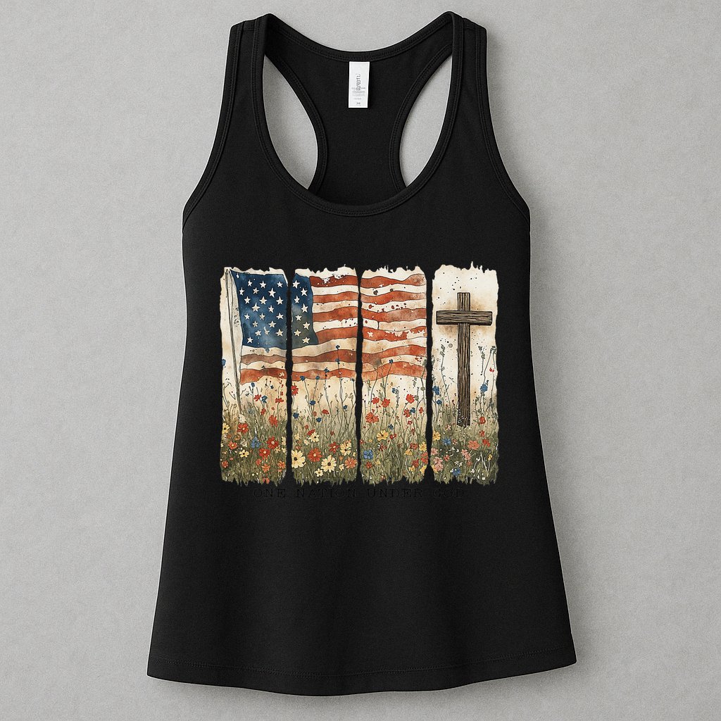 One Nation Under God USA Flag Cross Floral Christian Women Gift Womens Tank Top